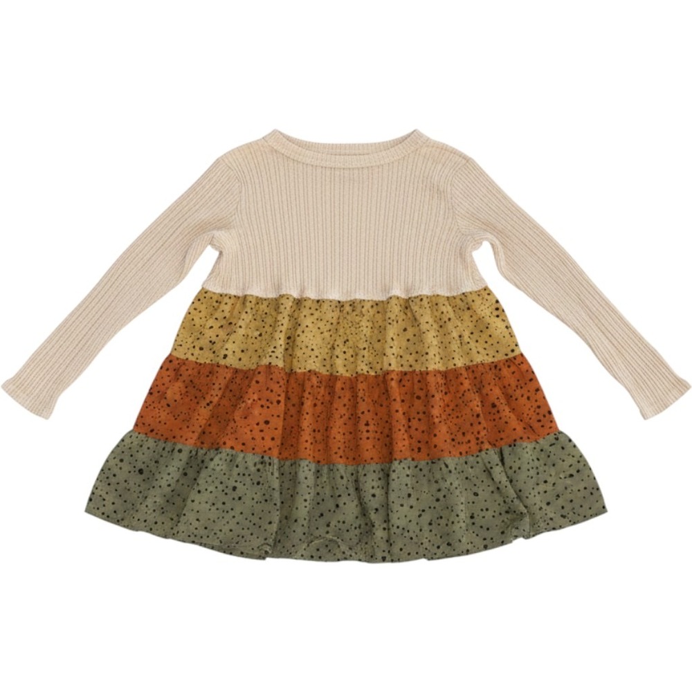 Entro Kids XL Ribbed Knit Tiered Speckled Dress Long Sleeve Cream Rust Olive
